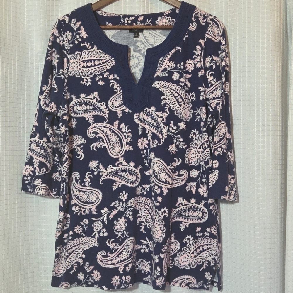 Talbots Women's XL Tunic Top Paisley 3/4 Sleeve Navy Pink